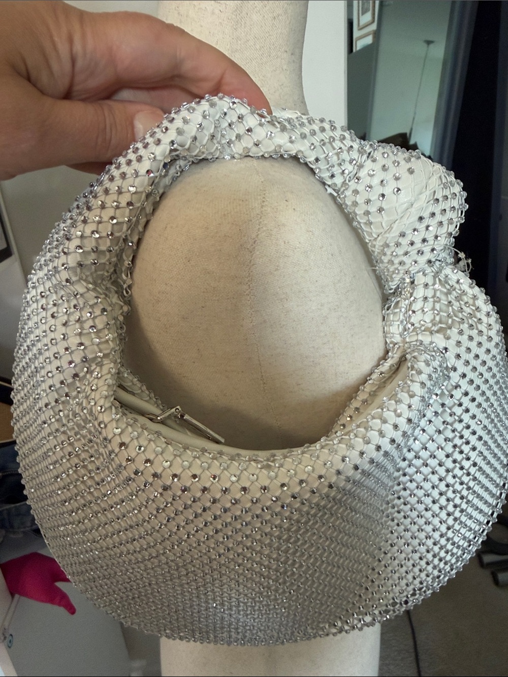 Crystal-Embellished White Hobo Bag